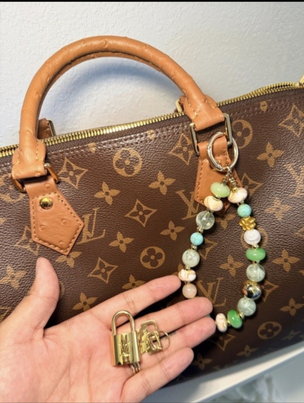 Monogram Canvas Top-Handle Satchel in Brown with Beaded Charm